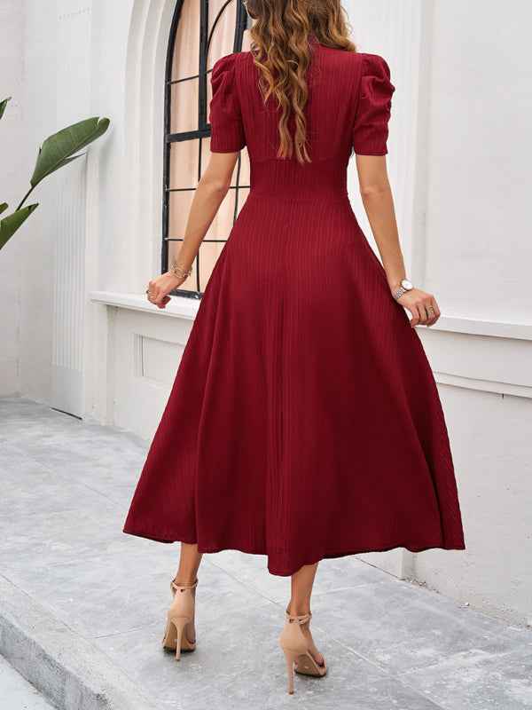 Cecily - V-Neck Midi Dress with Puff Sleeves and Ruched Waist