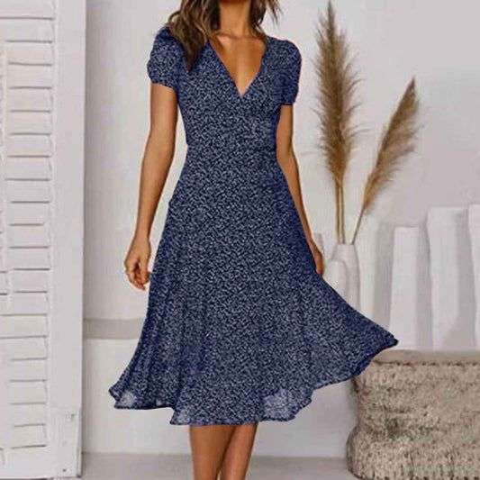 Lena - Women Short-Sleeve V-Neck Floral Swing Dress