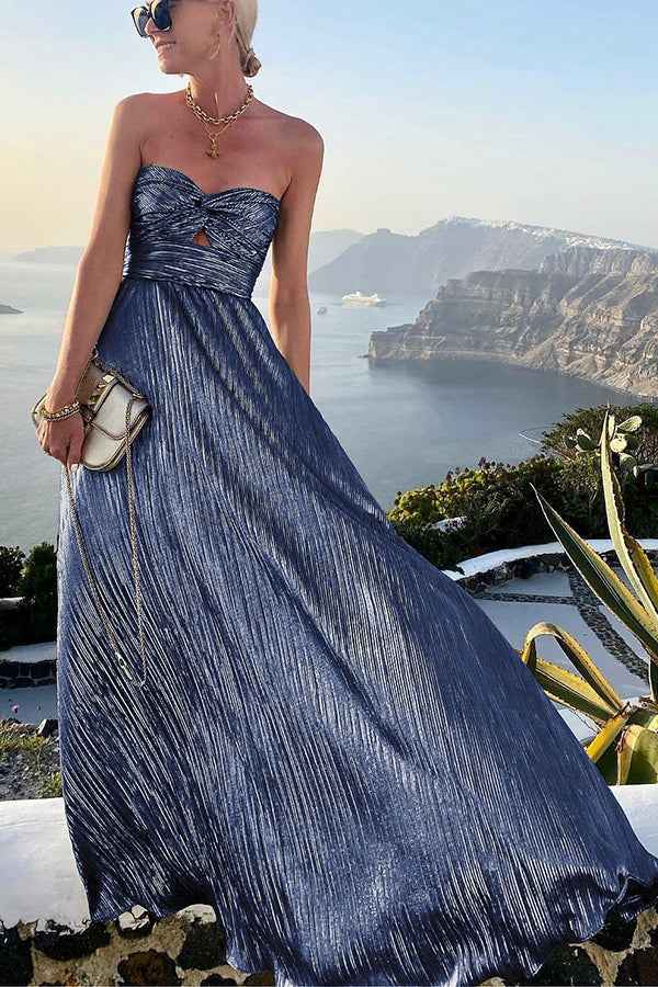 Celeste - Women’s Strapless A-Line Evening Gown with Pleated Metallic Finish