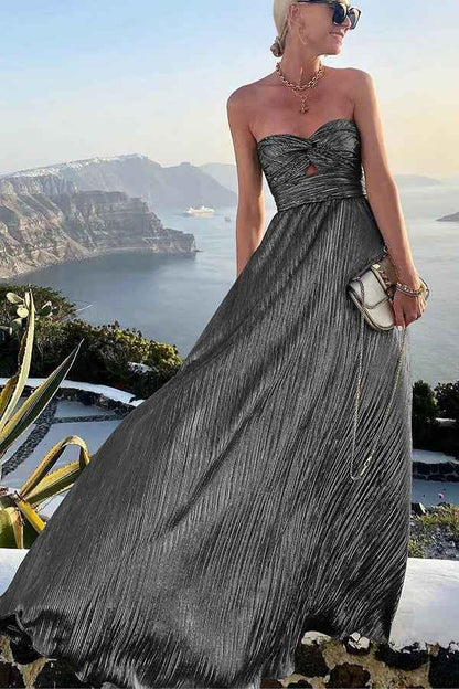 Celeste - Women’s Strapless A-Line Evening Gown with Pleated Metallic Finish