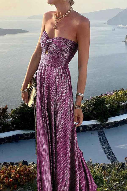 Celeste - Women’s Strapless A-Line Evening Gown with Pleated Metallic Finish