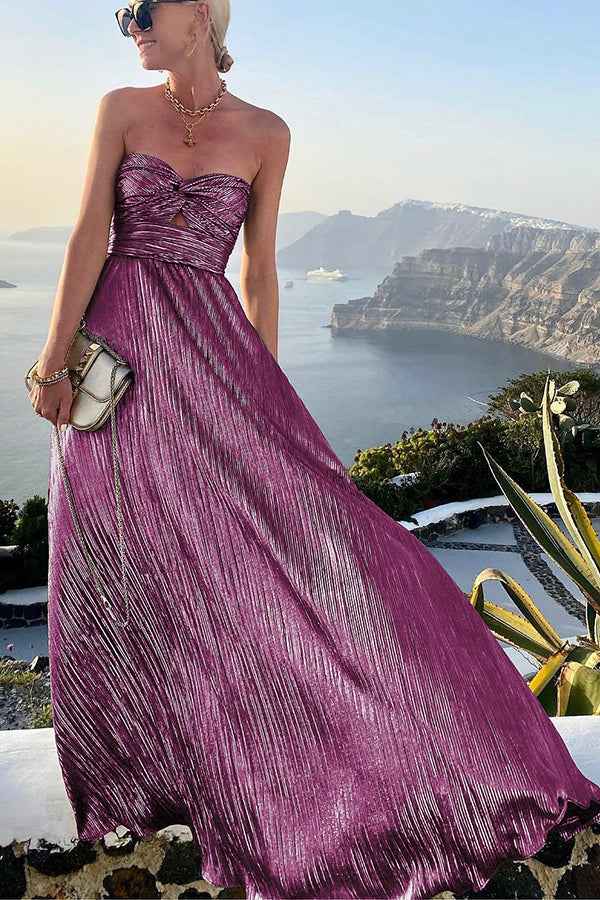 Celeste - Women’s Strapless A-Line Evening Gown with Pleated Metallic Finish