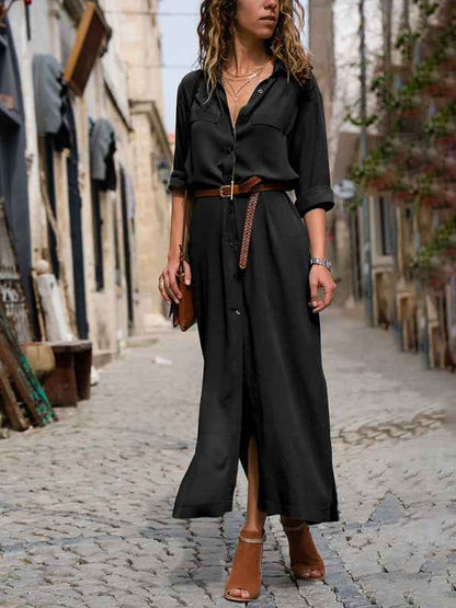 Cassidy - Button-Down Long Sleeve Shirt Dress with Waist Tie