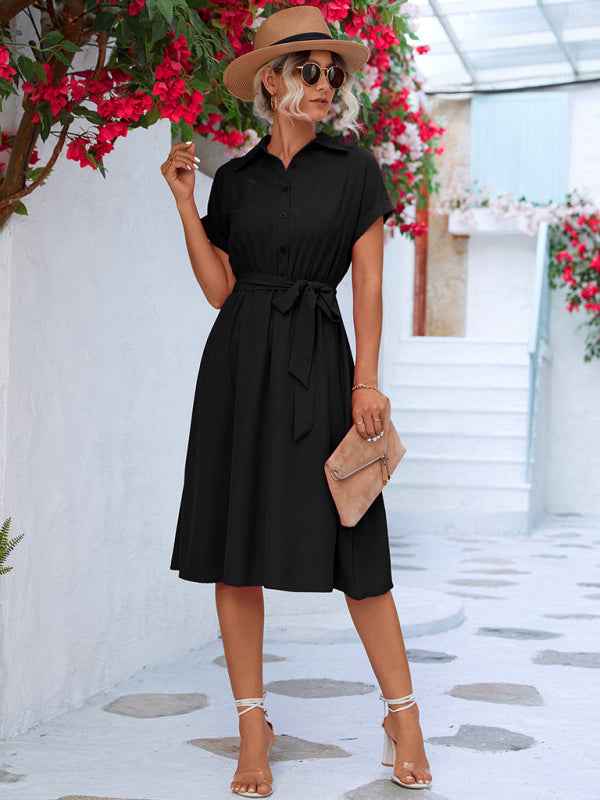Dakota - Button-Up Shirt Dress with Waist Tie and Collared Neckline