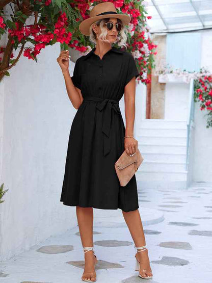 Dakota - Button-Up Shirt Dress with Waist Tie and Collared Neckline