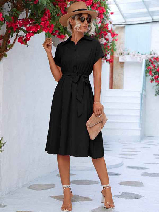 Dakota - Button-Up Shirt Dress with Waist Tie and Collared Neckline