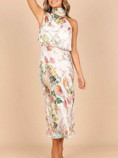 Pauline - Halter Neck Midi Dress with Floral Print
