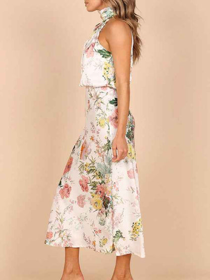 Pauline - Halter Neck Midi Dress with Floral Print