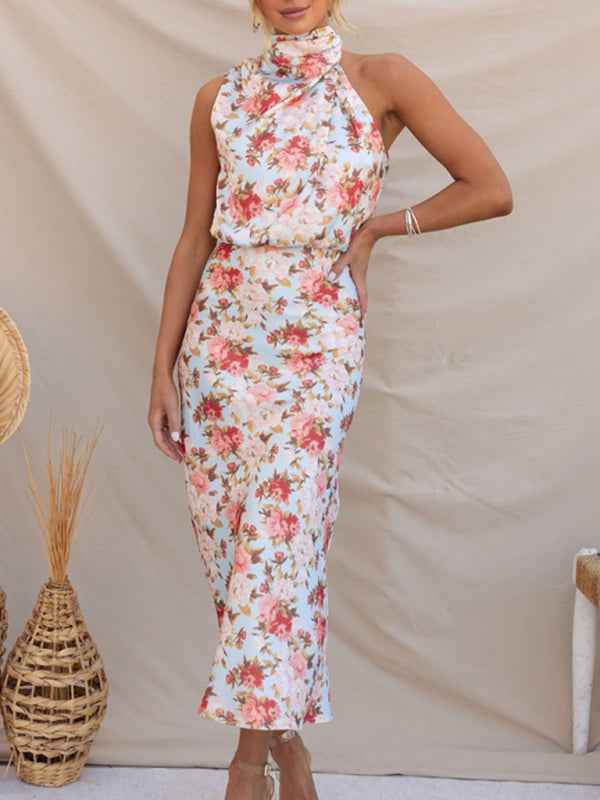 Pauline - Halter Neck Midi Dress with Floral Print