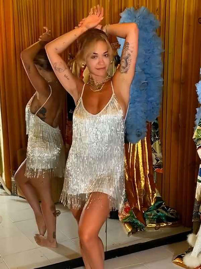 Nova - Sequin Mini Dress with Fringe Tassels and Spaghetti Straps (Plus Size Available)