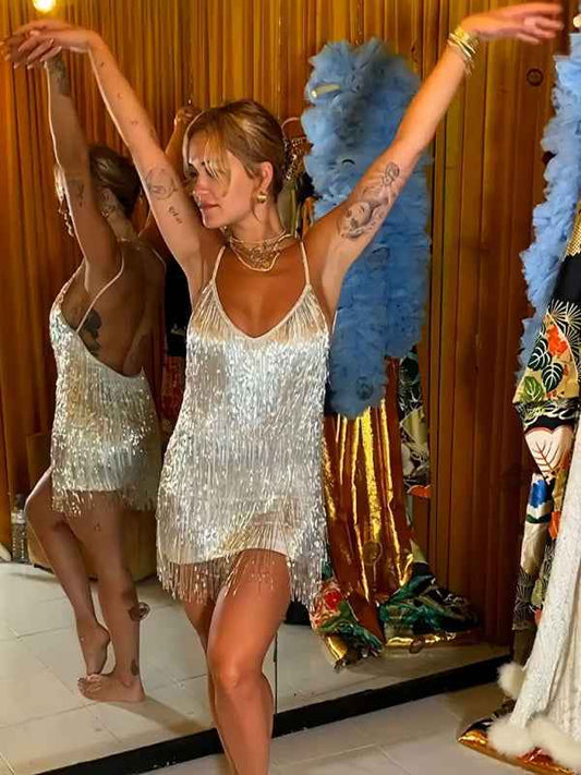 Nova - Sequin Mini Dress with Fringe Tassels and Spaghetti Straps (Plus Size Available)