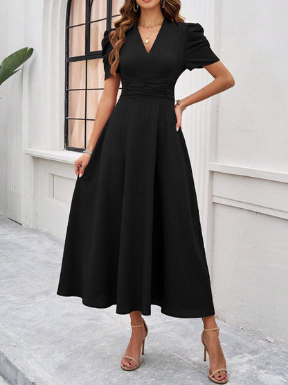 Cecily - V-Neck Midi Dress with Puff Sleeves and Ruched Waist