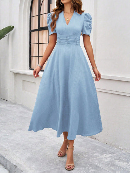 Cecily - V-Neck Midi Dress with Puff Sleeves and Ruched Waist