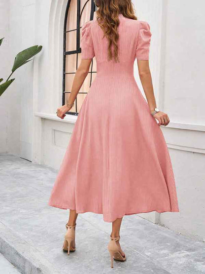 Cecily - V-Neck Midi Dress with Puff Sleeves and Ruched Waist