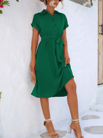 Dakota - Button-Up Shirt Dress with Waist Tie and Collared Neckline
