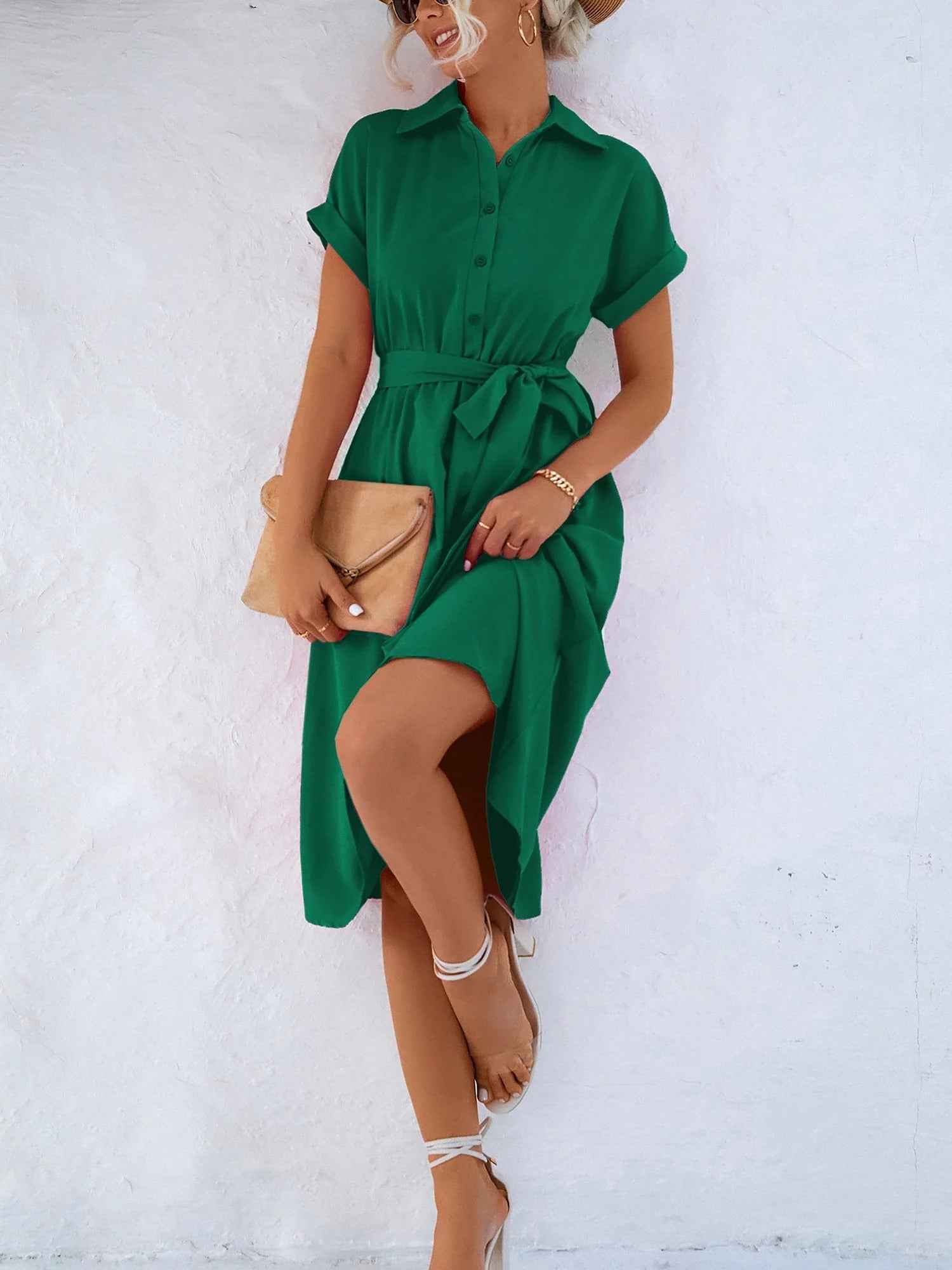 Dakota - Button-Up Shirt Dress with Waist Tie and Collared Neckline